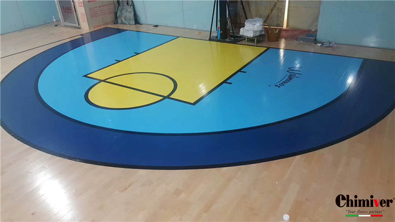 杭州九堡籃球訓練館體育運動木地板彩漆面漆logo施工案例