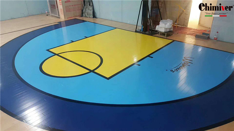 杭州九堡籃球訓練館體育運動木地板彩漆面漆logo施工案例