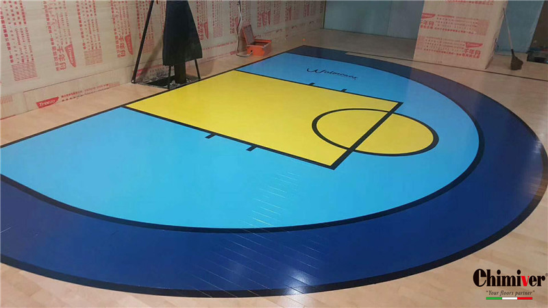 杭州九堡籃球訓練館體育運動木地板彩漆面漆logo施工案例