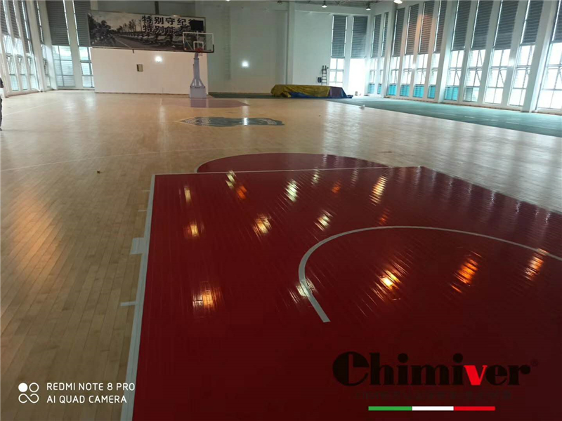 寧波特警體育館籃球運動木地板彩漆LOGO彩繪工藝施工案例